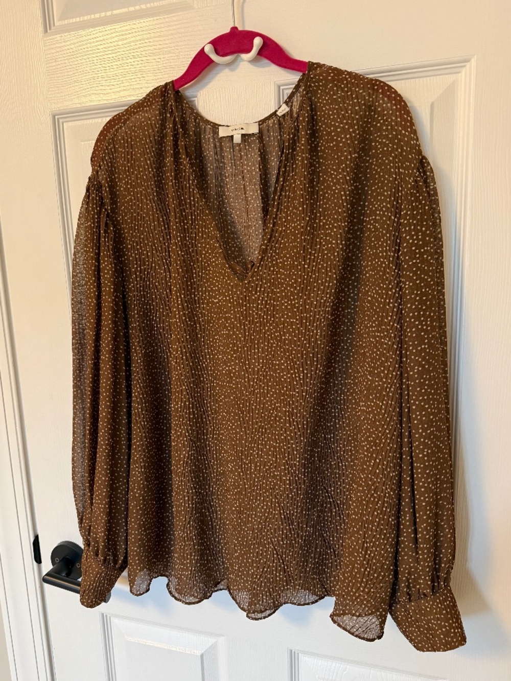 Vince Pleated Brown Ivory Print Blouse Long Sleeve Size Large